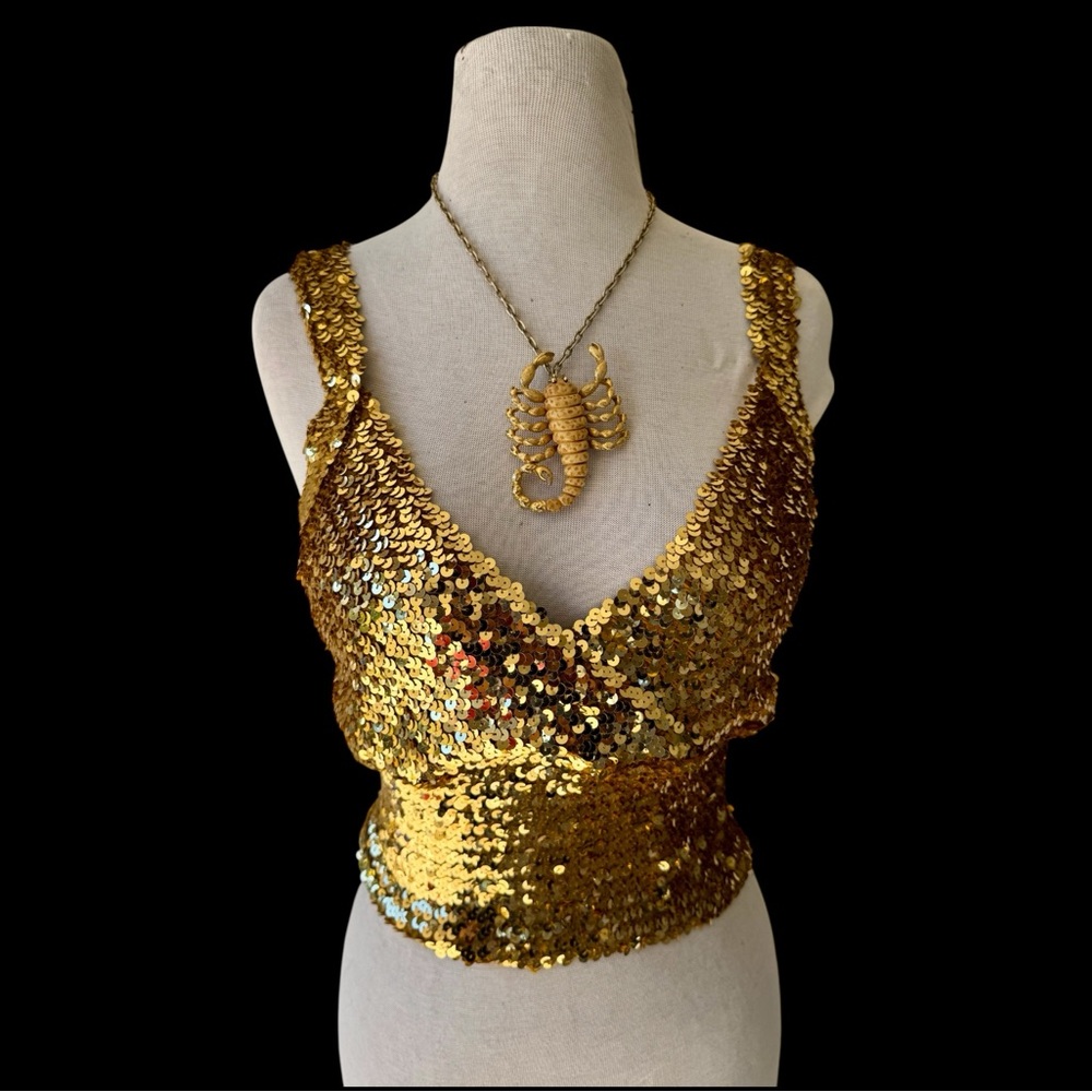 Vtg 70s Gold Sequin Tank Top M/L Surplice Stretch Crop Party Disco Boho EUC